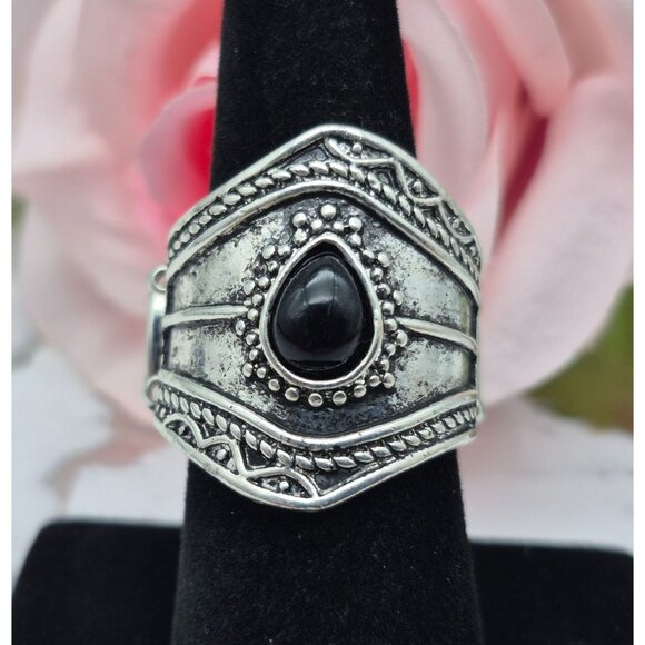 Cute Silver Tone & Black Statement Stretch Ring One Size Western Bojo Casual - Picture 3 of 10